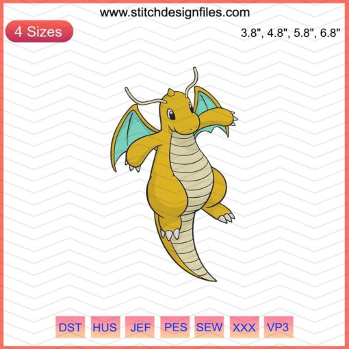 Dragonite Pokemon machine embroidery design file, colorful Dragonite stitching pattern for embroidery enthusiasts.