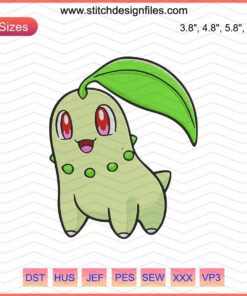 Chikorita Pokemon embroidery design file, featuring vibrant machine embroidery patterns suitable for crafting projects.