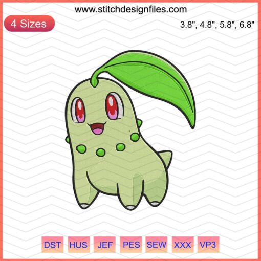 Chikorita Pokemon embroidery design file, featuring vibrant machine embroidery patterns suitable for crafting projects.
