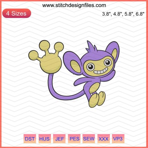Alipom Pokemon Embroidery Designs File featuring detailed machine embroidery patterns of Alipom from Pokemon series.