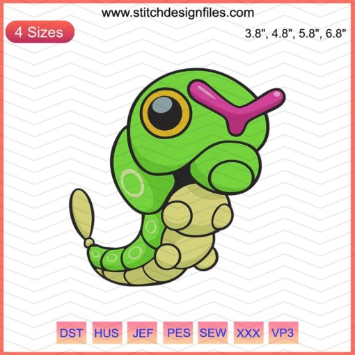 Caterpie Pokemon Embroidery File: Machine Embroidery Design of Caterpie Pokemon for Crafting Enthusiasts.