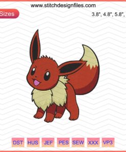 Eevee Pokemon Embroidery Designs File, featuring detailed Eevee patterns for machine embroidery. Perfect for Pokemon fans.