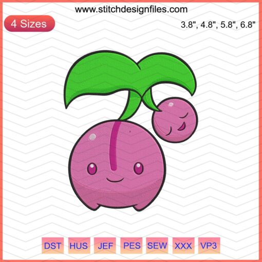 Cherubi Pokemon Embroidery Designs File: Cute pink and green Cherubi pattern for machine embroidery, Pokemon-themed stitching.