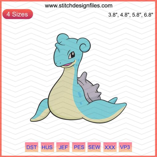 Lapras Pokemon Embroidery Designs File: Detailed machine embroidery pattern of Lapras for crafting and DIY projects.