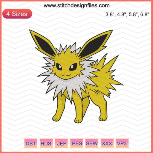 Jolteon machine embroidery design file, perfect for Pokemon-themed crafts, vibrant electric type pattern, instant download.