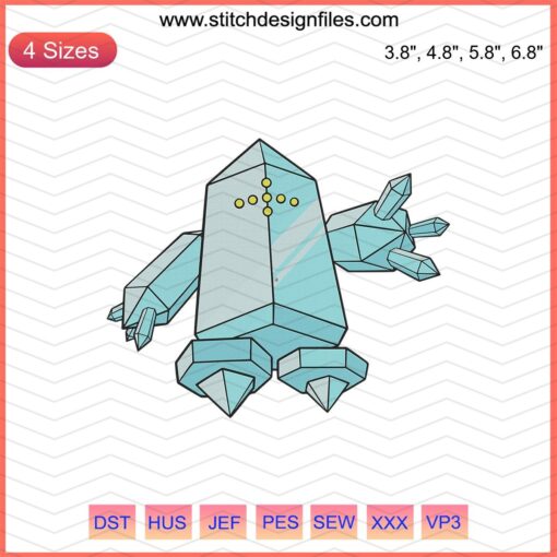 Regice Pokemon embroidery design file, perfect for machine embroidery, featuring detailed Regice character for instant download.