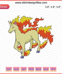 Rapidash Pokemon Embroidery Designs File: Vibrant fire-horse character for machine embroidery. Pokemon lovers' design.