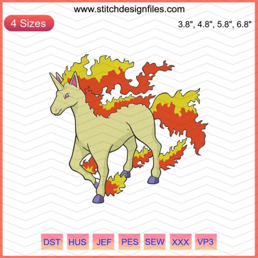 Rapidash Pokemon Embroidery Designs File: Vibrant fire-horse character for machine embroidery. Pokemon lovers' design.