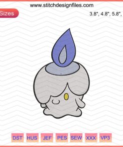 Litwick Pokemon embroidery design file, featuring detailed ghost-candle design, ideal for Pokemon machine stitching projects.