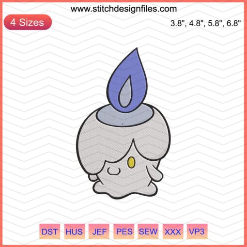Litwick Pokemon embroidery design file, featuring detailed ghost-candle design, ideal for Pokemon machine stitching projects.
