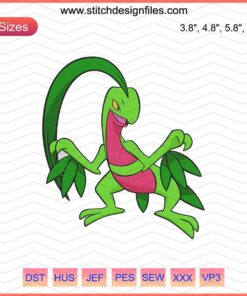 Grovyle Pokemon embroidery design file: intricate machine embroidery pattern of the Grovyle character for crafting projects.