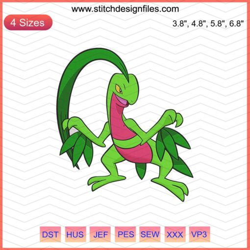 Grovyle Pokemon embroidery design file: intricate machine embroidery pattern of the Grovyle character for crafting projects.