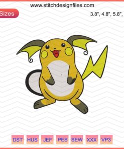 Raichu Pokemon Embroidery Design File, Cute Raichu Machine Embroidery for DIY Projects, Downloadable Pokémon Pattern