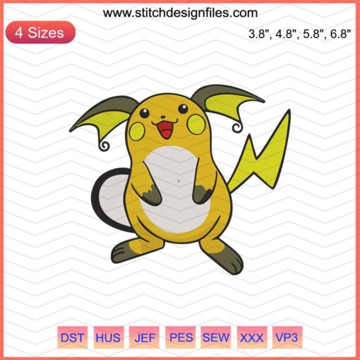 Raichu Pokemon Embroidery Design File, Cute Raichu Machine Embroidery for DIY Projects, Downloadable Pokémon Pattern