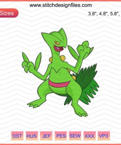 Sceptile Pokemon Embroidery Designs File showcasing vibrant Sceptile motifs for machine embroidery projects.