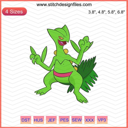Sceptile Pokemon Embroidery Designs File showcasing vibrant Sceptile motifs for machine embroidery projects.
