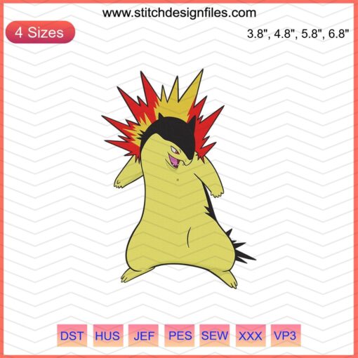 Typhlosion Pokemon Embroidery Designs File featuring vibrant embroidery machine patterns for DIY Pokemon projects.