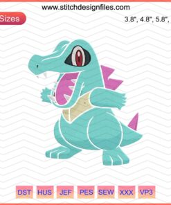 Totodile Pokemon Embroidery Designs File - Cute Totodile Machine Embroidery Pattern for Pokémon Fans and Crafters.