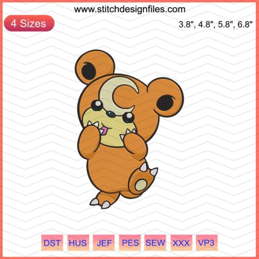 Teddiursa Pokemon embroidery design file, ideal for machine embroidery projects featuring cute Pokemon character.