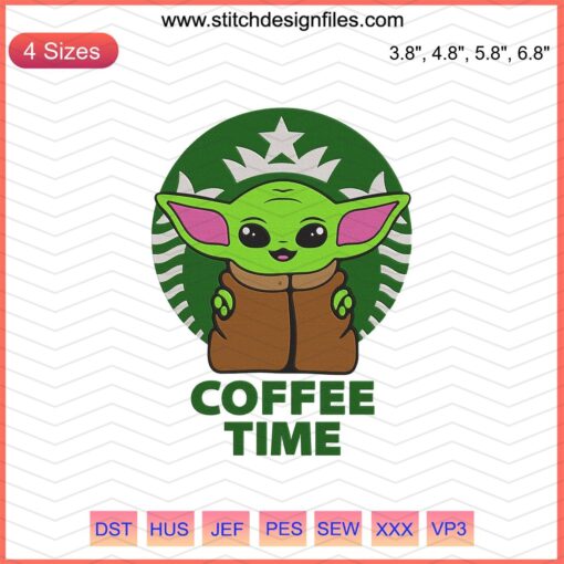 Baby Yoda Coffee Time Embroidery Design File, Star Wars Theme, Machine Embroidery, Cute Alien Sipping Coffee Pattern