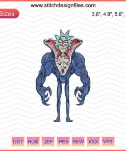 Rick Venom Embroidery Design File: Vibrant Rick and Morty machine embroidery patterns for customized apparel crafts.
