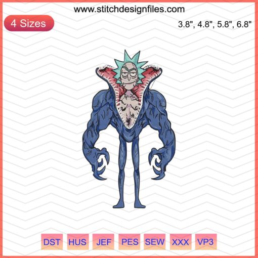 Rick Venom Embroidery Design File: Vibrant Rick and Morty machine embroidery patterns for customized apparel crafts.