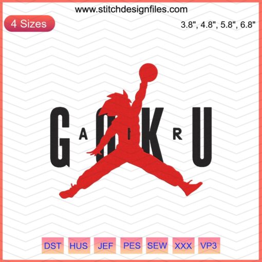 Goku Nike Air embroidery design files, futuristic anime athletic embroidery patterns for machine stitching, Dragon Ball-inspired.