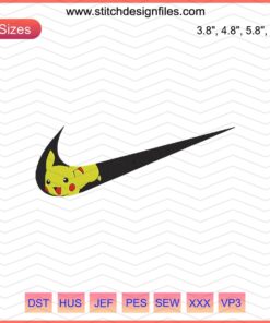 Nike x Pikachu Embroidery Design File, featuring vibrant Nike logo with Pikachu, ideal for machine embroidery enthusiasts.