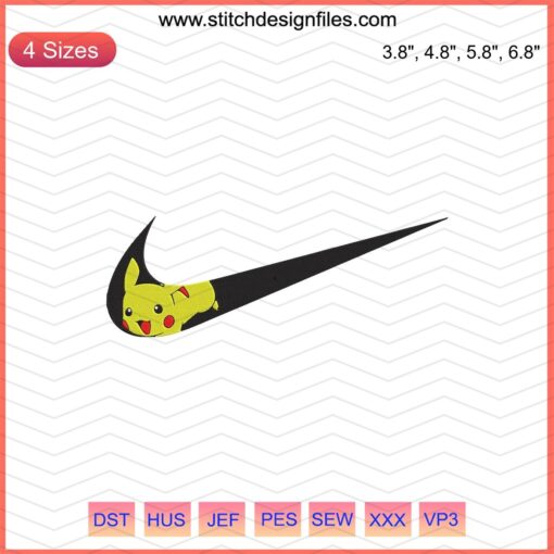 Nike x Pikachu Embroidery Design File, featuring vibrant Nike logo with Pikachu, ideal for machine embroidery enthusiasts.