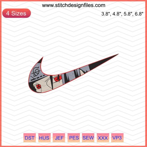 Nike x Uchiha Sasuke Embroidery Design File, Naruto machine embroidery featuring Sasuke's Mangekyo Sharingan and Nike logo.