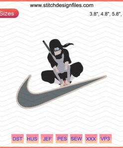 Nike x Itachi Naruto Embroidery File: Machine Design featuring Itachi Uchiha and Nike logo, perfect for anime and sneaker fans.