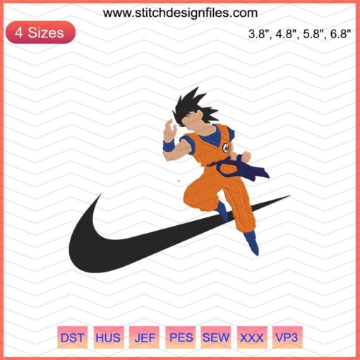 Nike x Goku Dragon Ball Embroidery Design File, featuring Goku character design, for Nike machine embroidery projects.