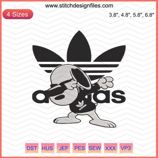 Adidas x Snoopy Embroidery Design: Adidas logo, Snoopy graphic, machine embroidery file for apparel customization.
