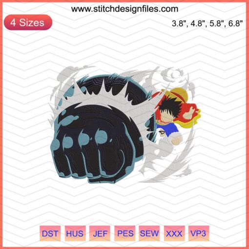 Luffy Gear Three Embroidery Designs File: Dynamic One Piece Machine Embroidery, Perfect for Anime Sewing Projects.