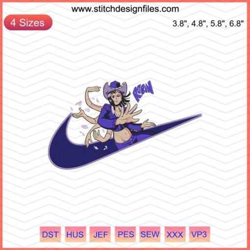 "Nike x Nico Robin One Piece Embroidery Designs File, featuring intricate Nike logo and Nico Robin character embroidery patterns."