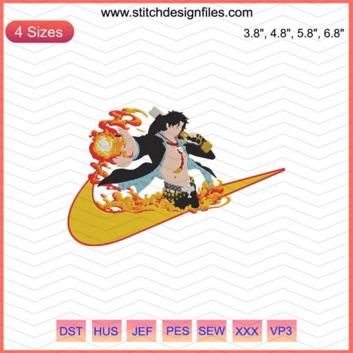 Nike x Portgas D. Ace One Piece Embroidery Design File, Nike Swoosh with Ace's tattoo design, Machine Embroidery Pattern.