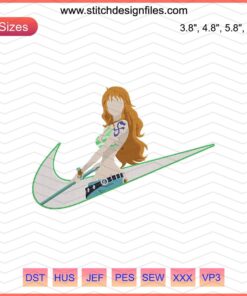 Nike x Nami One Piece Embroidery Designs File; vibrant Nike patterns, intricate One Piece-themed embroidery for machines.