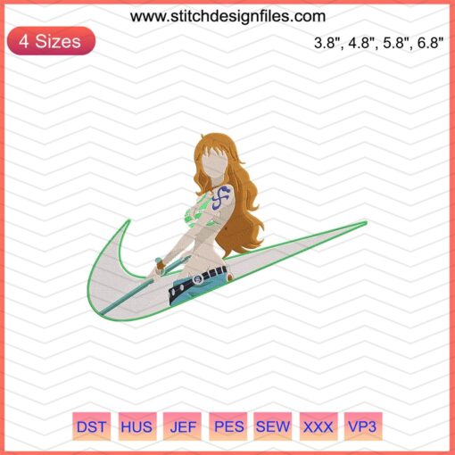 Nike x Nami One Piece Embroidery Designs File; vibrant Nike patterns, intricate One Piece-themed embroidery for machines.