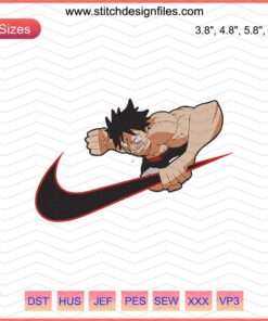 "Luffy Attack Nike-Themed Embroidery Design File: Vibrant digital patterns for machine embroidery enthusiasts"