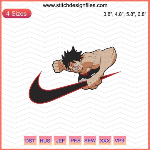 "Luffy Attack Nike-Themed Embroidery Design File: Vibrant digital patterns for machine embroidery enthusiasts"