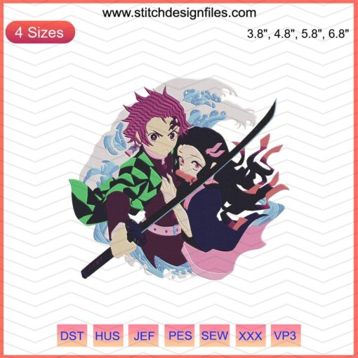 Tanjiro and Nezuko Kamado Embroidery Designs File, Kimetsu no Yaiba Machine Embroidery Art, Anime Characters Embroidery Design.