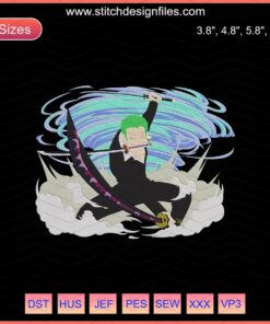 Roronoa Zoro embroidery design, One Piece machine embroidery, anime character stitch file, digital download.