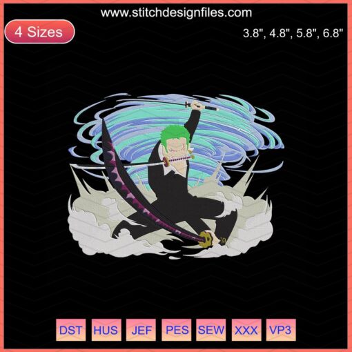 Roronoa Zoro embroidery design, One Piece machine embroidery, anime character stitch file, digital download.