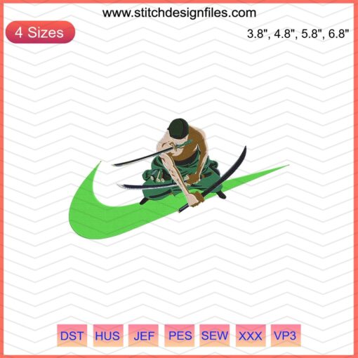 Roronoa Zoro x Nike Machine Embroidery Design File, One Piece Anime Inspired Stitch Patterns, Unique Embroidery Art.