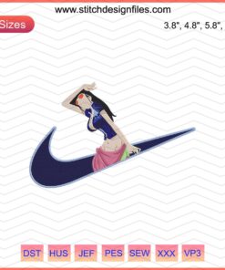 Nike x Nico Robin One Piece Embroidery Designs File, featuring intricate Nike swoosh with Nico Robin from One Piece for machine embroidery.