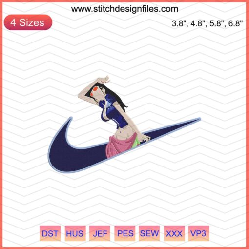 Nike x Nico Robin One Piece Embroidery Designs File, featuring intricate Nike swoosh with Nico Robin from One Piece for machine embroidery.