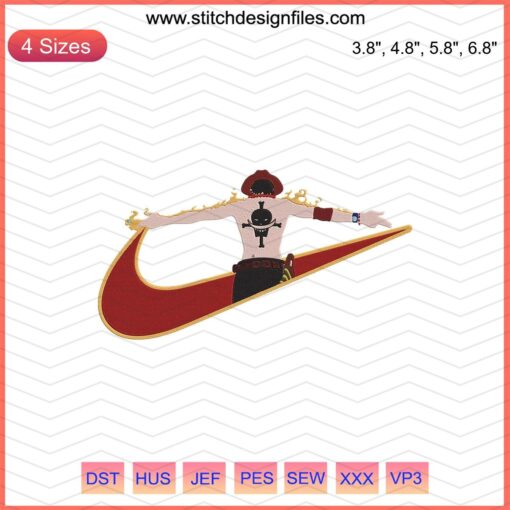 Nike x Portgas D. Ace One Piece Embroidery File: Vibrant Nike logo with anime-inspired One Piece design for machine embroidery.