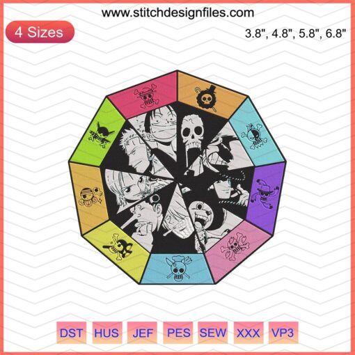 One Piece Straw Hat Pirate Member Logos Embroidery Designs File, Detailed Machine Embroidery Pattern
