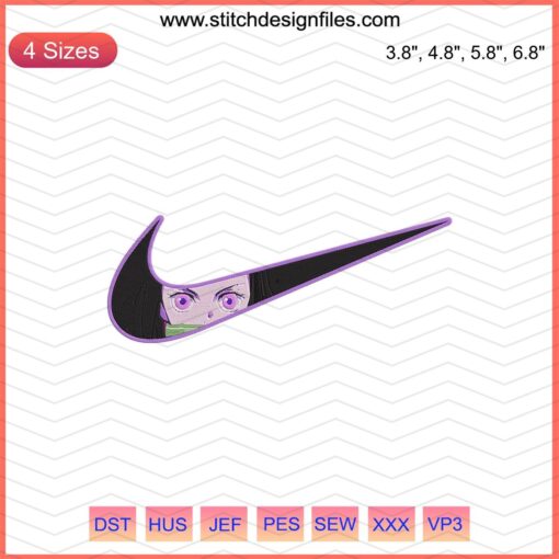 "Embroidered Nike-Swoosh Nezuko Face Design, High-Quality Digital File for Machine Embroidery, Anime-Inspired Craft"