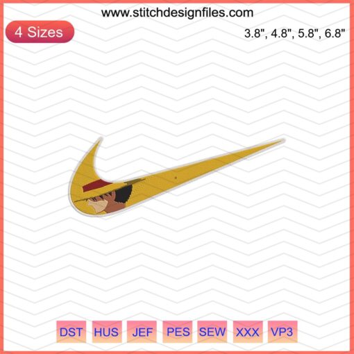 Nike x Half Face Luffy One Piece Embroidery Design File, Nike Machine Embroidery Patterns featuring iconic anime character.